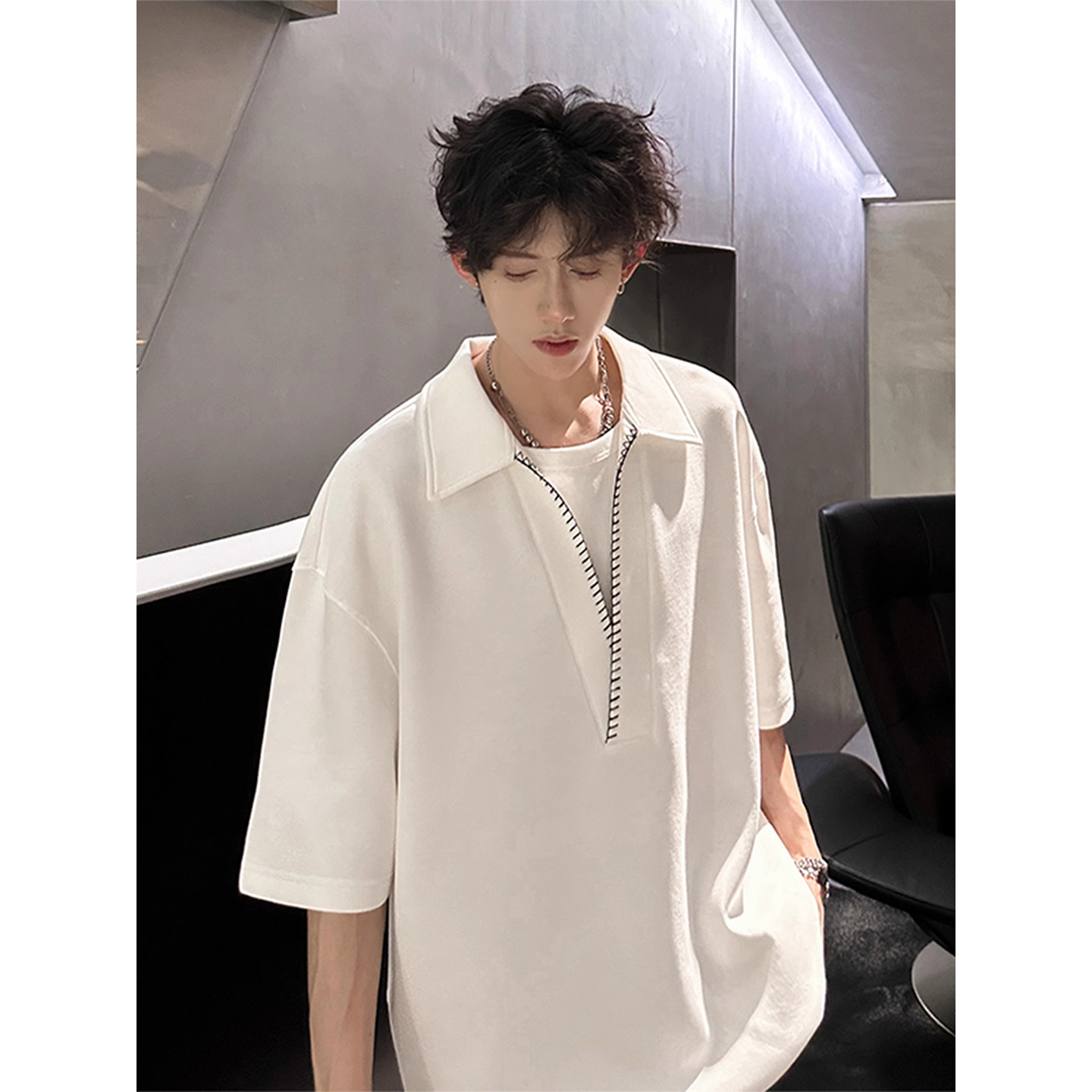 美式假两件短袖polo衫男款夏季