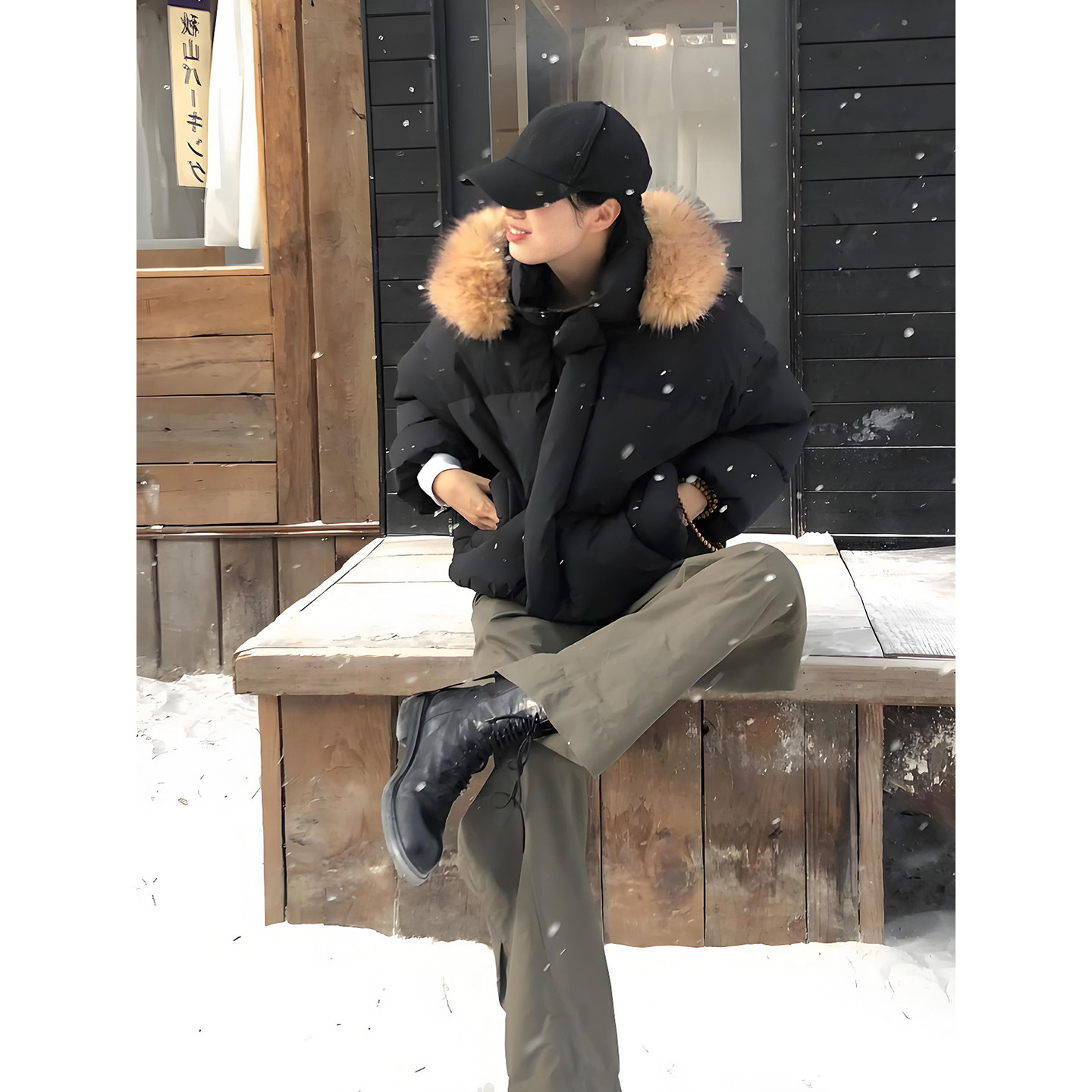 黑色PU皮毛领羽绒棉服男冬季防寒