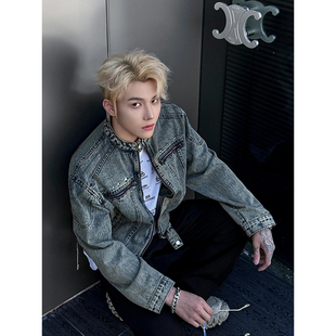 男模穿搭痞帅炸街牛仔外套春秋季美式高级感短款垫肩夹克复古上衣