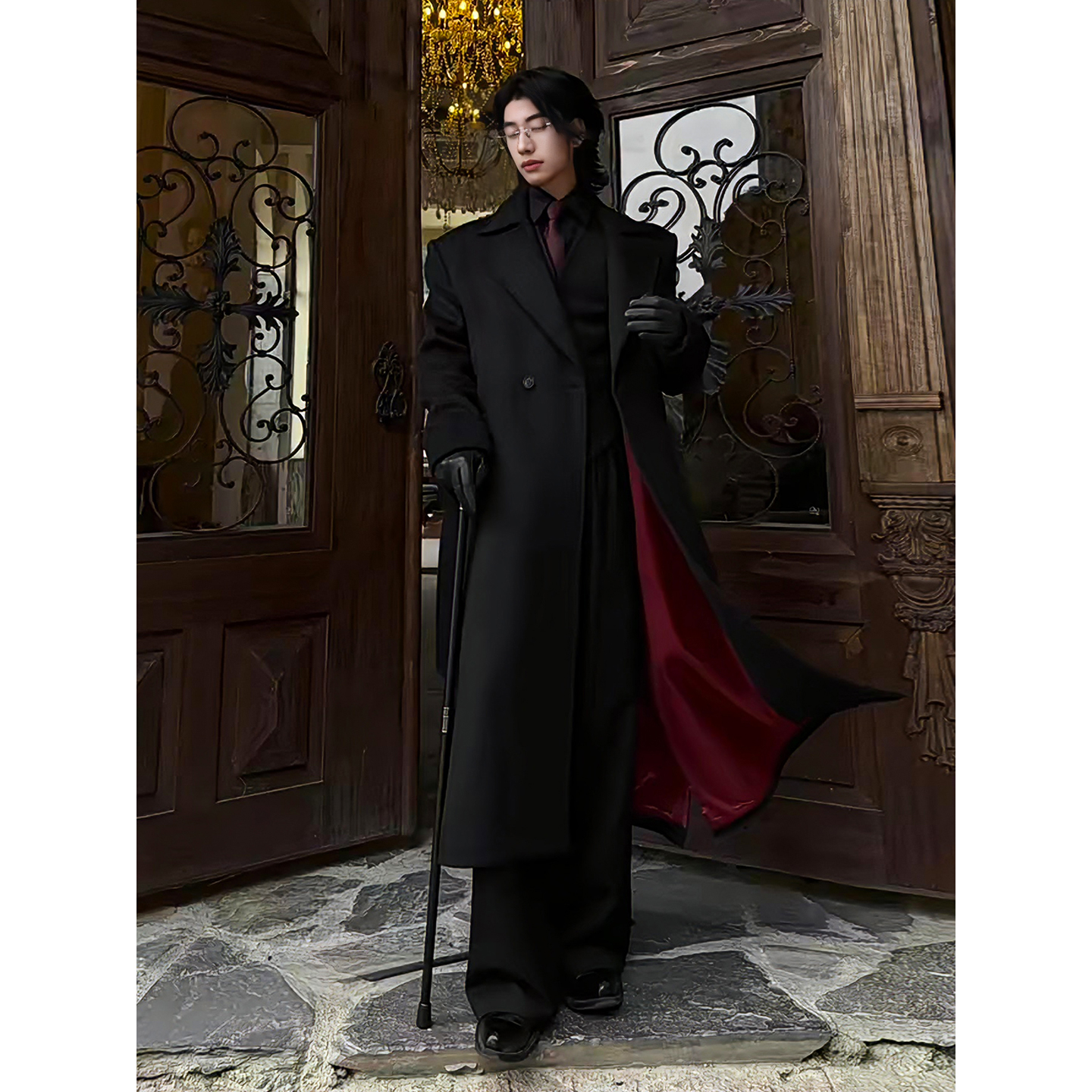 黑色红内教父风毛呢大衣男中长款