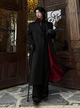 黑色红内教父风毛呢大衣男秋冬中长款呢子西装外套英伦风垫肩风衣