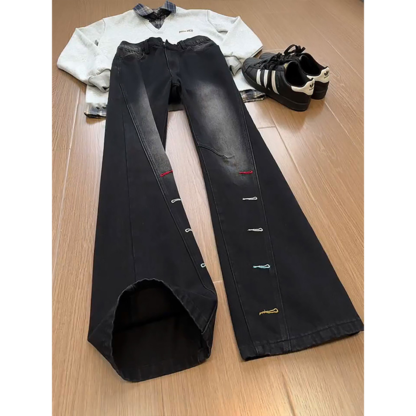 美式痞帅高级感男士裤子vibe高街斜切刺绣牛仔裤直筒显瘦微喇长裤