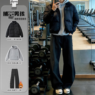 痞帅无帽立领棉服 一整套穿搭美式 黑色短款 90白鸭绒羽绒服男生冬季