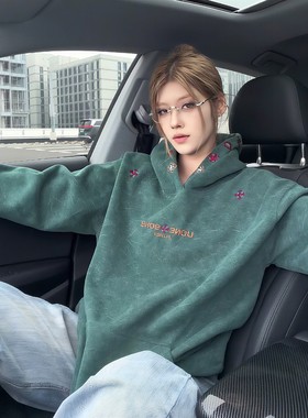 墨绿色连帽刺绣卫衣男款秋冬美式重磅套头上衣设计感小众情侣外套