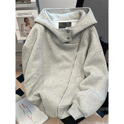 灰色斜拉链开衫卫衣男款秋季美式