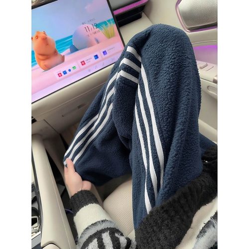 藏青色三条杠羊羔绒裤子男冬季