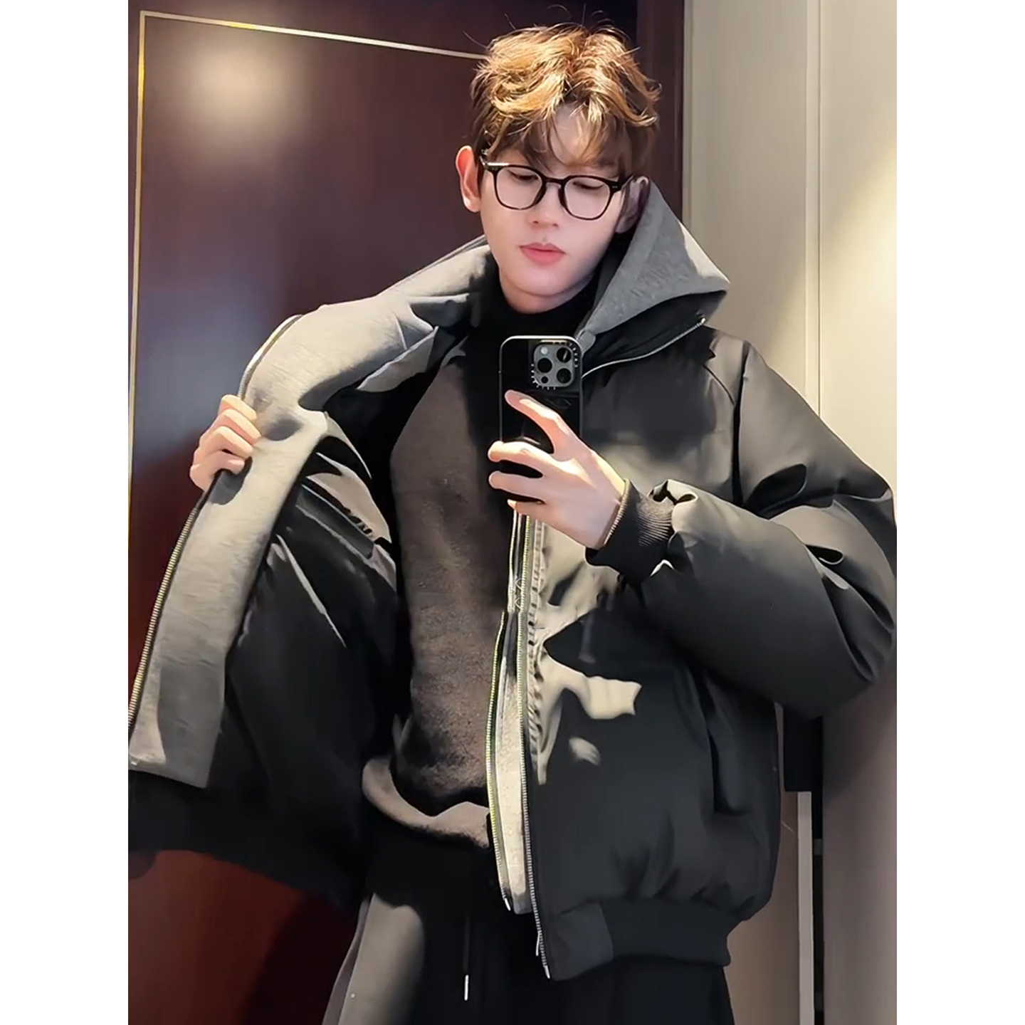 黑色假两件pu皮羽绒棉服男款冬季