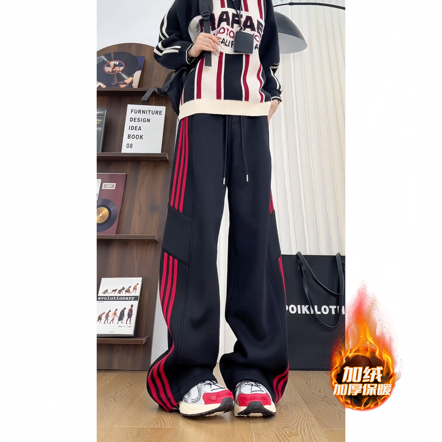 美式高街卫裤男秋冬条纹拼接裤子