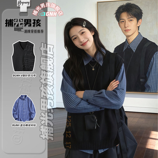 黑色V领针织马甲衬衫男春季韩系高级感穿搭学院风叠穿毛衣两件套