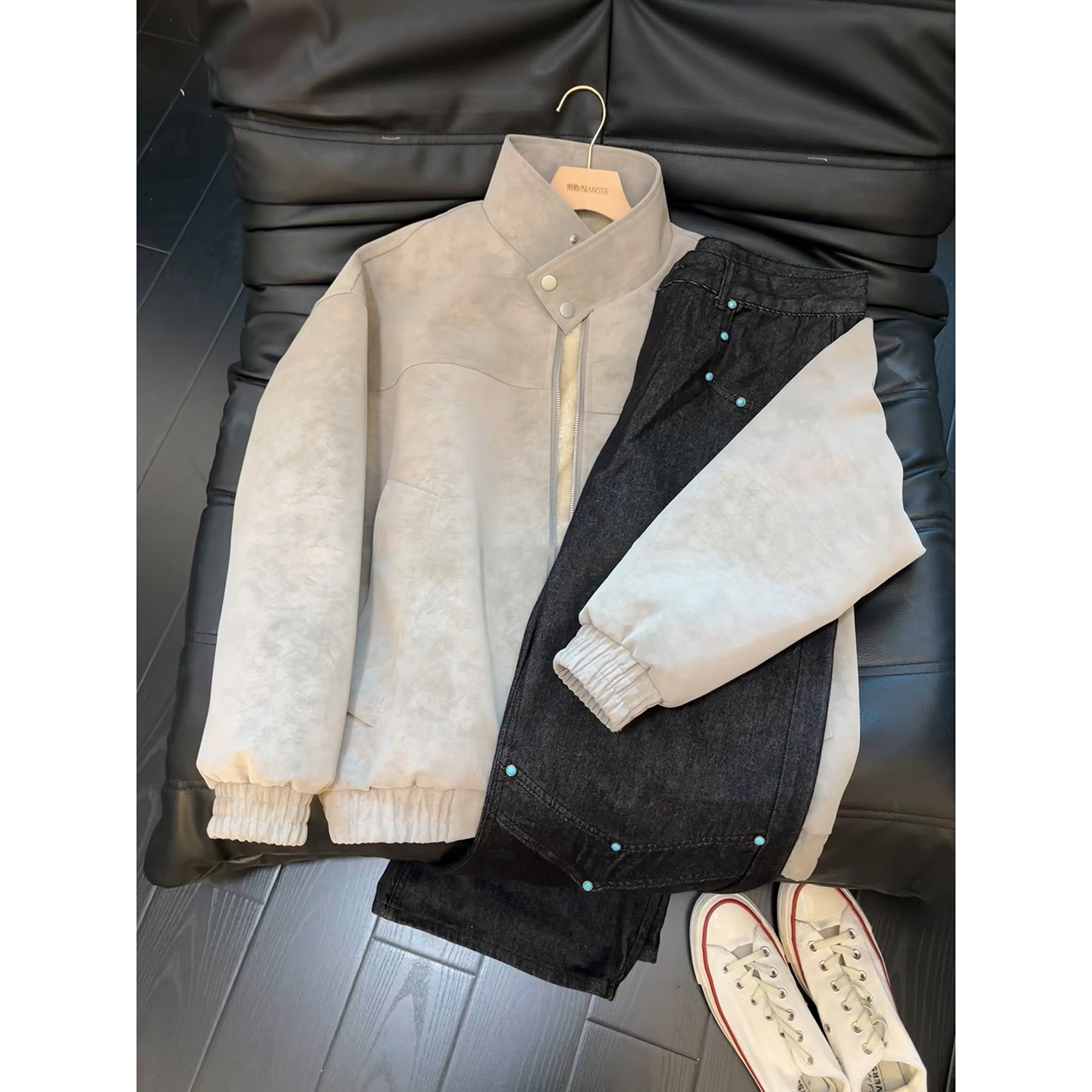 灰色扎染PU皮棉服男款冬季