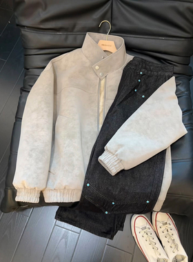 灰色扎染PU皮棉服男款冬季美式痞帅机车夹克加绒加厚皮毛一体外套