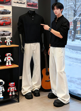 白色痞帅高级感牛仔裤男款秋冬cleanfit潮牌裤子加绒弯刀微喇长裤