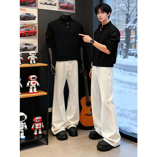 白色痞帅高级感牛仔裤男款秋冬cleanfit潮牌裤子加绒弯刀微喇长裤