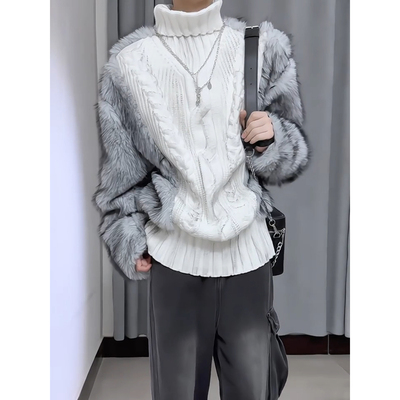 狼王水貂绒皮草拼接毛衣男款冬季