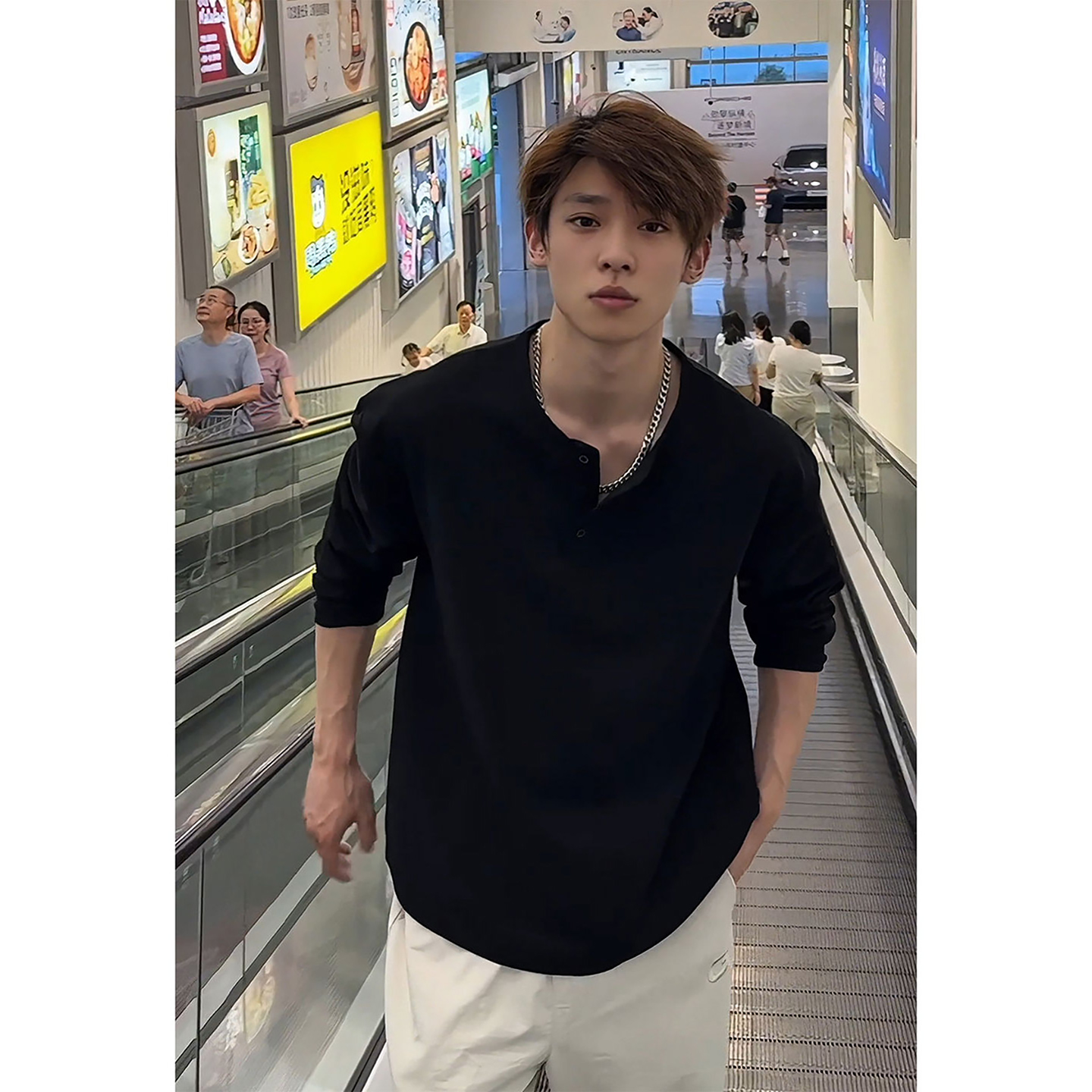 黑色亨利领长袖t恤男秋季华夫格