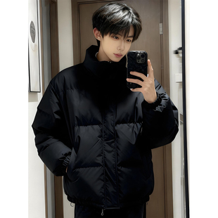 黑色美式短款羽绒服男款冬季无帽立领面包服加厚保暖防寒夹克棉衣