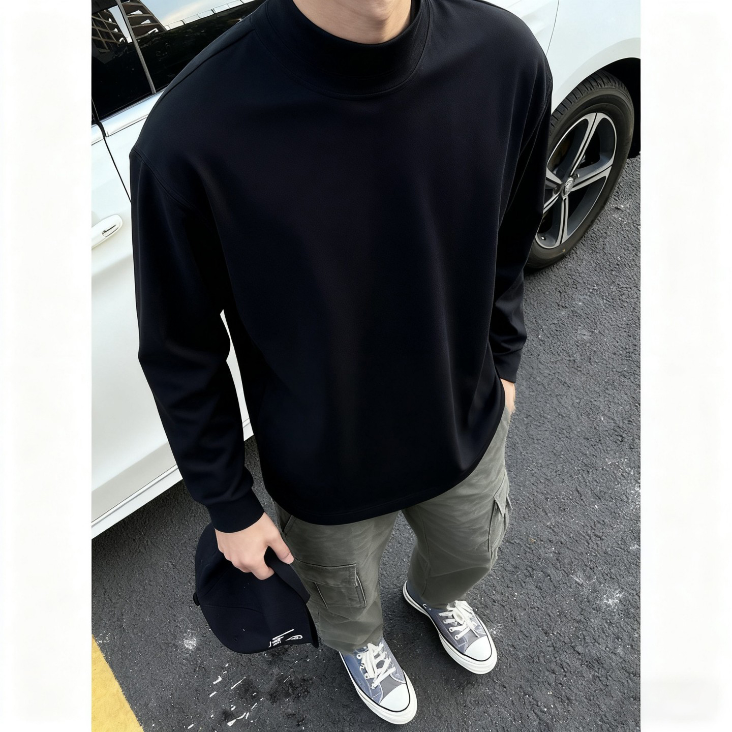 黑色半高领德绒长袖t恤男打底衫