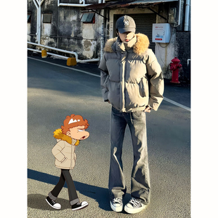 卡其色短款羽绒棉服男冬季可拆卸毛领连帽棉衣保暖加厚面包服外套