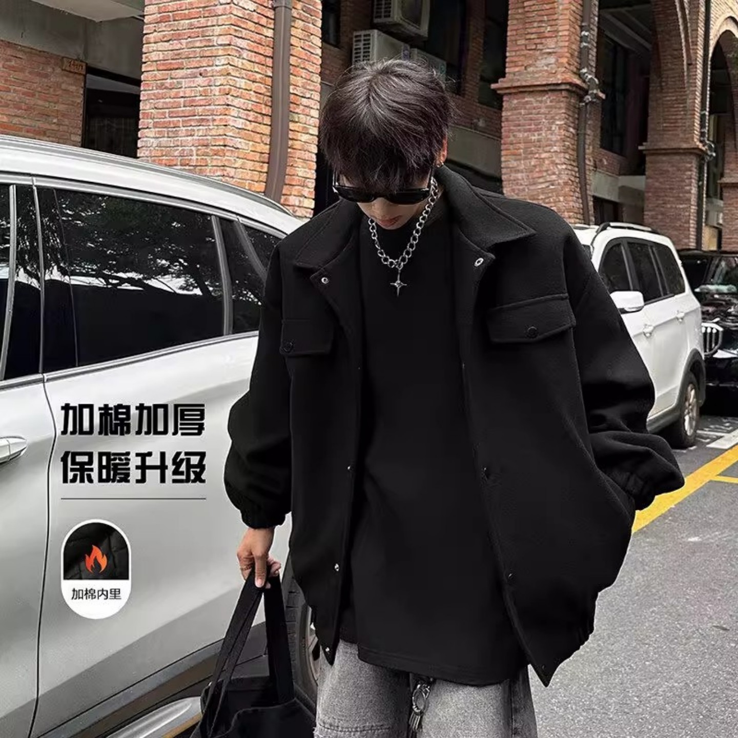 黑色男士毛呢短款外套秋冬季夹棉加厚夹克韩系高级感翻领呢子大衣