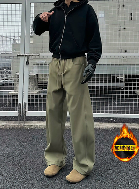 军绿色加绒弯刀工装裤男款冬季户外三防阔腿厚裤子宽松休闲直筒裤