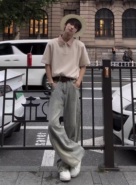 浅蓝色斜切弯刀牛仔裤男款秋季美式vibe微喇裤子百搭潮流拖地长裤