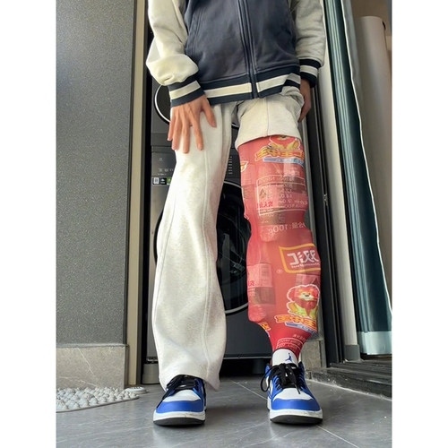 浅灰色斜切加绒卫裤男款冬季