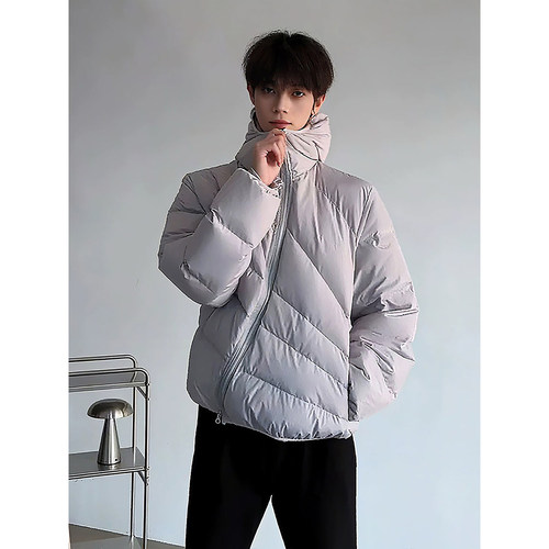 黑色斜拉链排骨羽绒服男女冬季