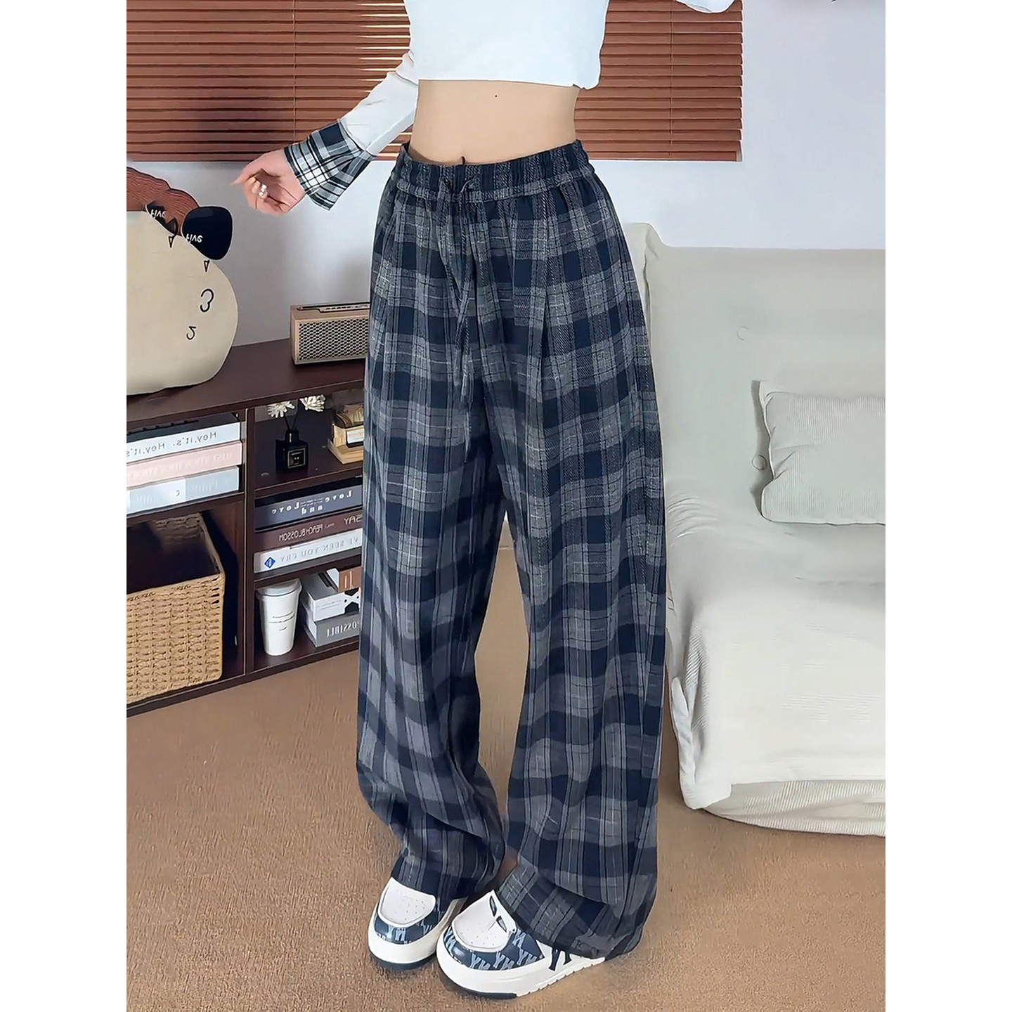 藏青色毛呢格子裤男女秋冬