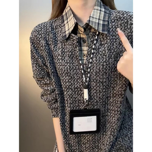 深灰色提花假两件衬衫v领卫衣男款春装小香风翻领外套格纹polo衫