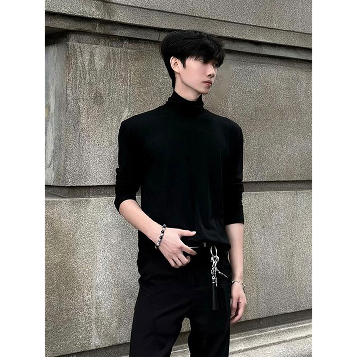 黑色半高领双面德绒打底衫男款秋冬保暖内搭长袖t恤美式修身卫衣