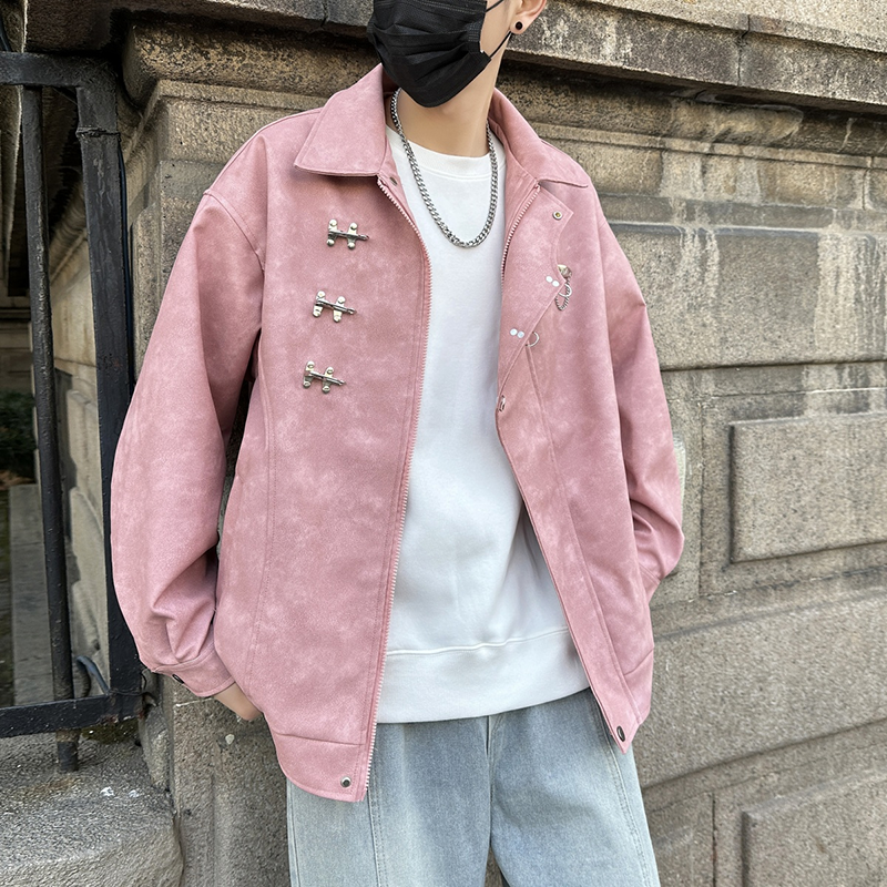 粉红色雾面扎染pu皮外套男春秋