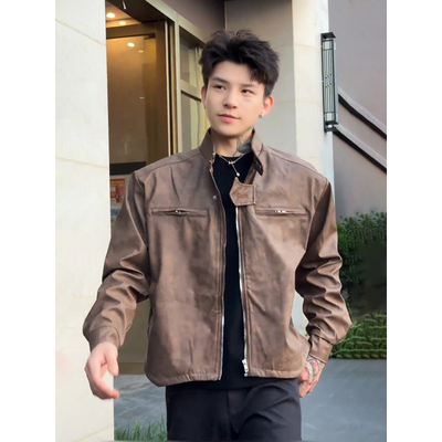 男模穿搭痞帅风外套美式短款皮衣