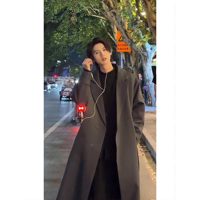 戗驳领西装长风衣过膝法式学院风
