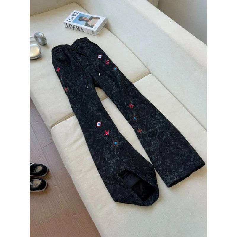 黑色扎染刺绣卫裤男款冬季加绒加厚斜切弯刀裤重磅垂感直筒休闲裤,男装,休闲裤,淘宝优惠券,粉丝福利购,淘宝优惠卷