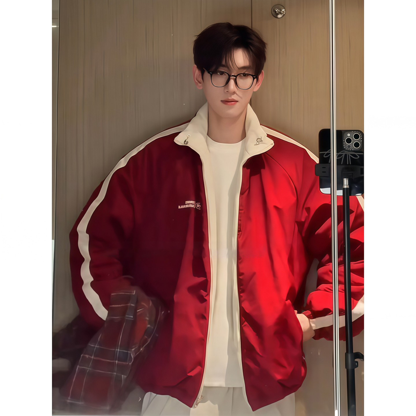 酒红色双面穿羽绒棉服冬季男美式