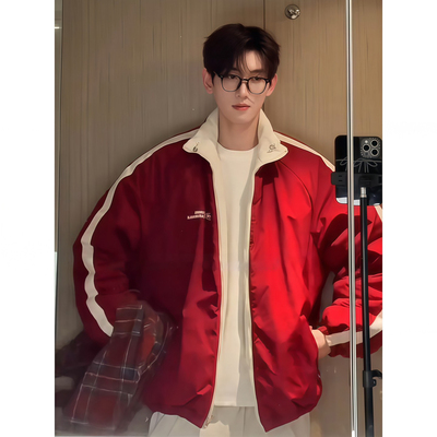 酒红色双面穿羽绒棉服冬季男美式
