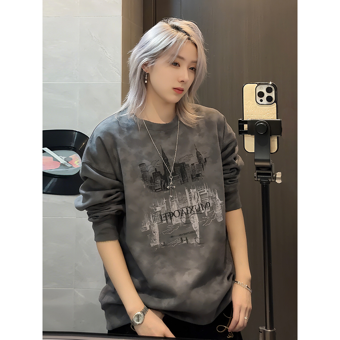 深灰色重磅圆领卫衣男秋冬