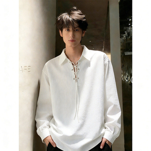 韩系慵懒风系带长袖衬衫男款春季冷淡系高级感衬衣男友风polo外套