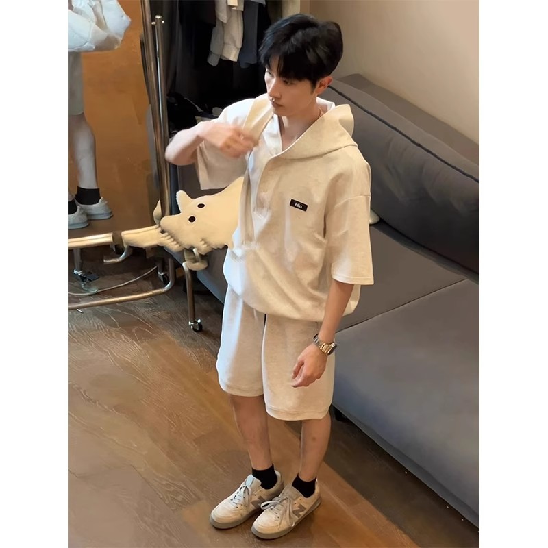 美式连帽短袖卫衣套装男夏日ootd