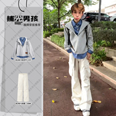 休闲穿搭一整套美式 阔腿工装 裤 假两件格子拼接连帽卫衣男秋季 套装