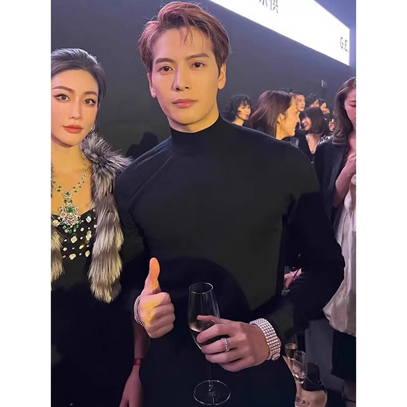王嘉尔同款毛衣男款春秋季半高领内搭打底衫韩版修身黑色针织线衣