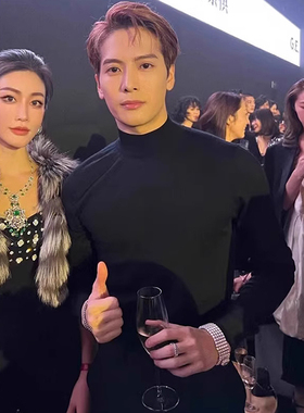 王嘉尔同款毛衣男款春秋季半高领内搭打底衫韩版修身黑色针织线衣