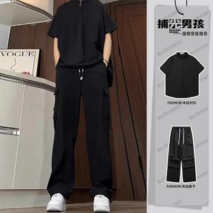 老钱风套装男模穿搭高级感痞帅夏季冰丝polo衬衫短袖裤子休闲慵懒