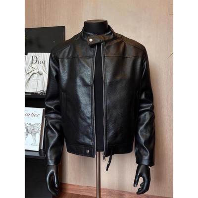 黑色短款pu皮衣外套男秋季