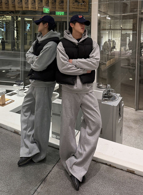 浅灰色重磅弯刀卫裤男款冬季美式健身运动裤子加绒垂感休闲直筒裤