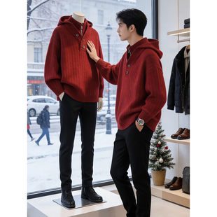 假两件男人本命年红衣服冬季半高领拉链毛衣高级感痞帅内搭针织衫