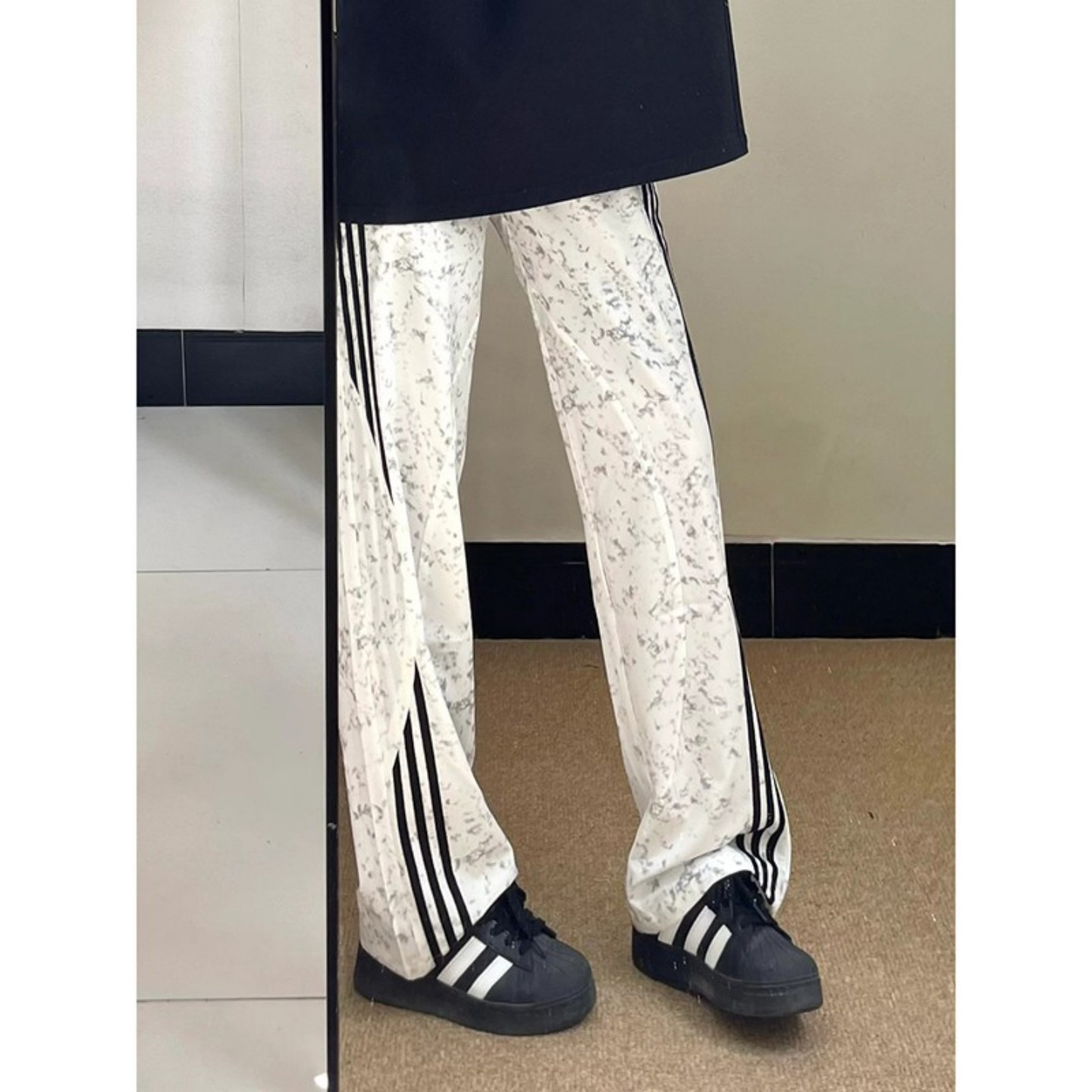 美式三条杠扎染脏脏裤子男款垂感