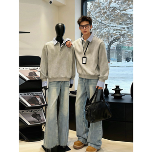 假两件长袖polo衫男款冬季加绒保暖内搭卫衣美式青少年高街厚外套