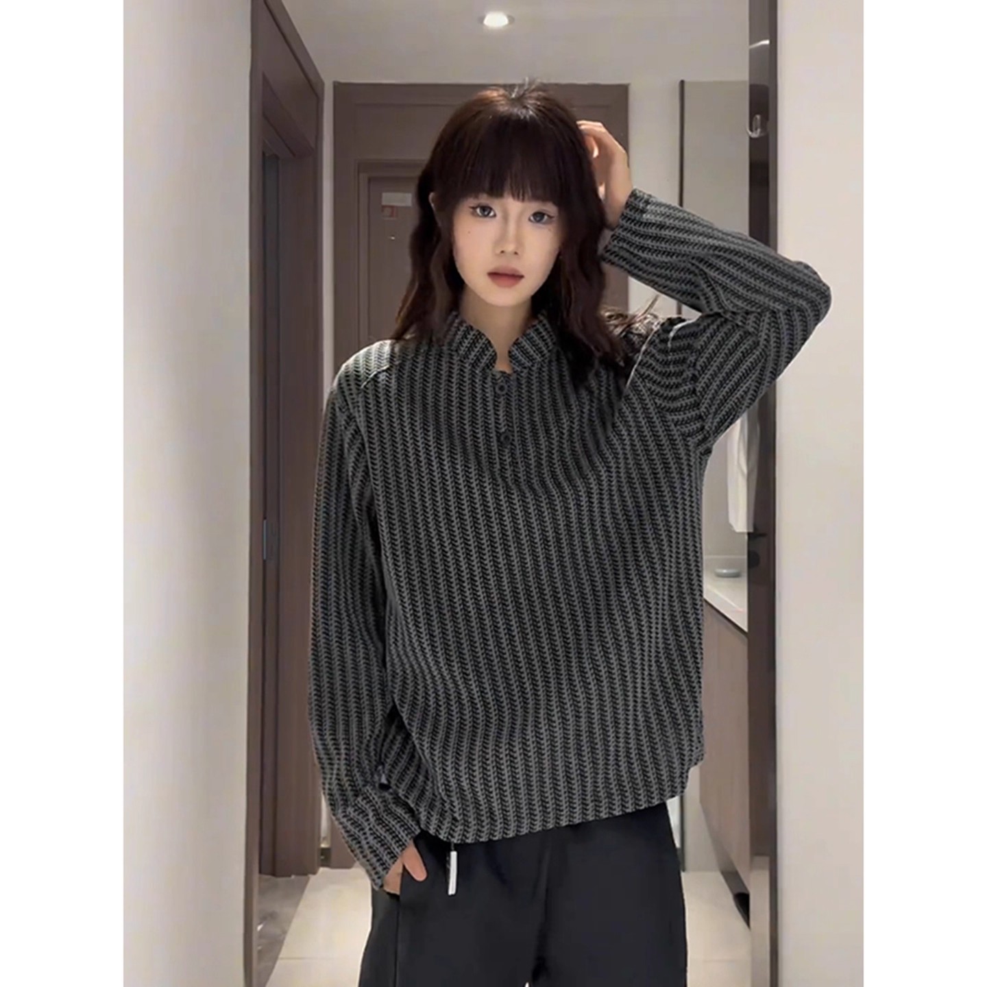 小香风鱼骨条纹卫衣内搭打底衫男