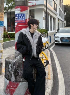 黑色座山雕毛领外套羽绒棉服男冬季加厚连帽夹克美式高街潮牌棉衣